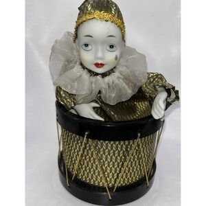 Vintage 1970 Harlequin Clown Porcelain Wind-Up Musical Animated Figurine Golden
